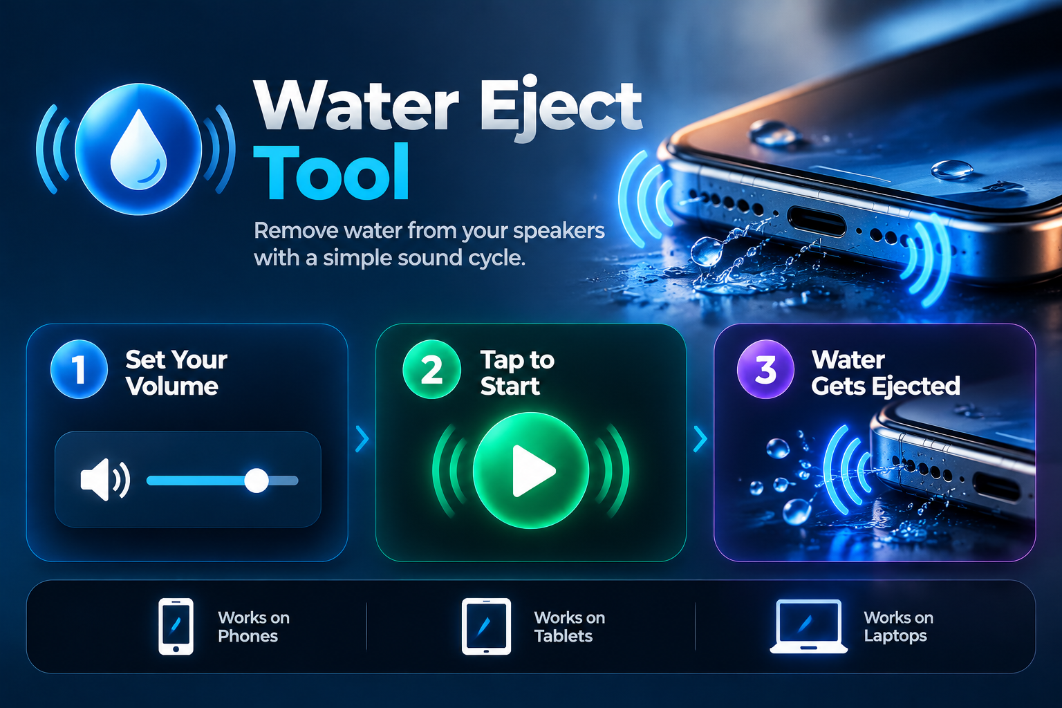 Water eject tool clearing trapped water from a phone speaker